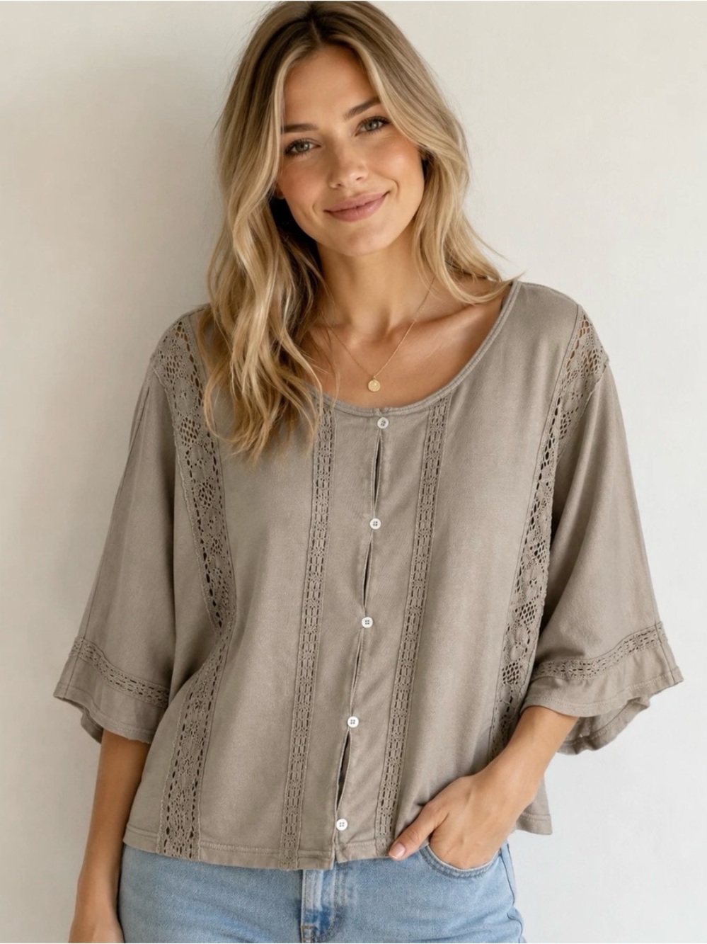aerie  Button-Front Top with Lace Panels